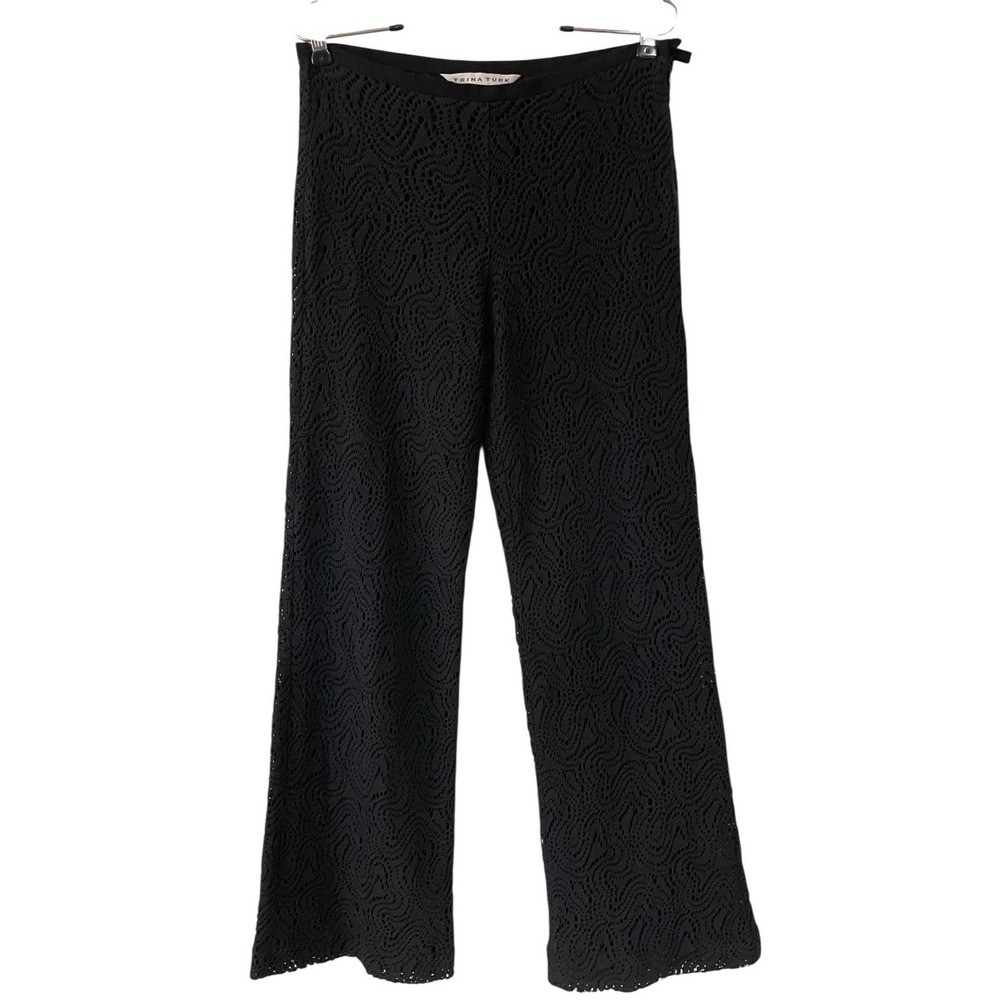 Trina Turk Black Crochet Lace Overlay Wide Leg Pant Beach Fairy Grunge Boho 2 - Picture 2 of 9